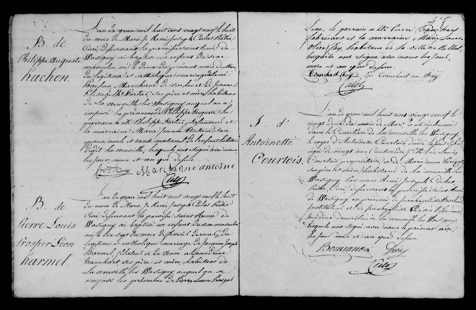 Handschriftliche Doppelseite eines Kirchenbuchs von 1829. Unten links am Rand: „B. de Pierre Louis Prosper Léon Harmel“; der Eintrag endet oben auf der rechten Seite mit den Unterschriften Tranchart, Fay und Culot.
