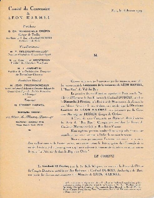 Printed letter announcing the celebrations for the centenary of Léon Harmel's birth: 3 February 1929 at the Basilica of Montmartre, presided over by Cardinal Dubois, with the funeral oration by Bishop Tissier of Châlons; the committee members are listed on the left.