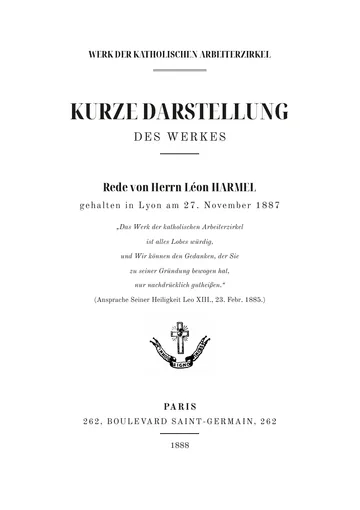 Umschlag der Ausgabe: Exposé sommaire de l'Œuvre des cercles catholiques d'ouvriers