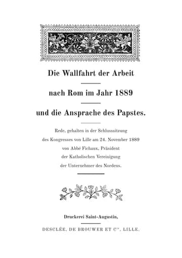 Umschlag der Ausgabe: Le Pèlerinage du travail à Rome en 1889 et le Discours du Pape