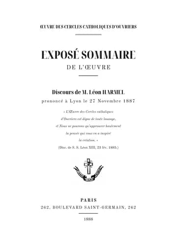 Couverture de l'édition : Exposé sommaire de l'Œuvre des cercles catholiques d'ouvriers