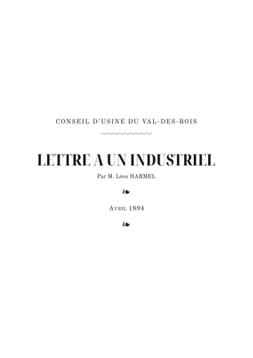 Couverture de l'édition : Conseil d'usine du Val-des-Bois. Lettre à un industriel