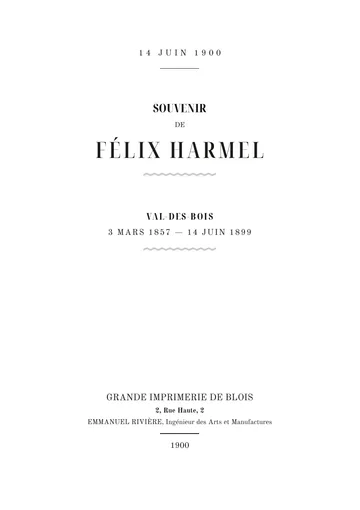 Couverture de l'édition : Souvenir de Félix Harmel