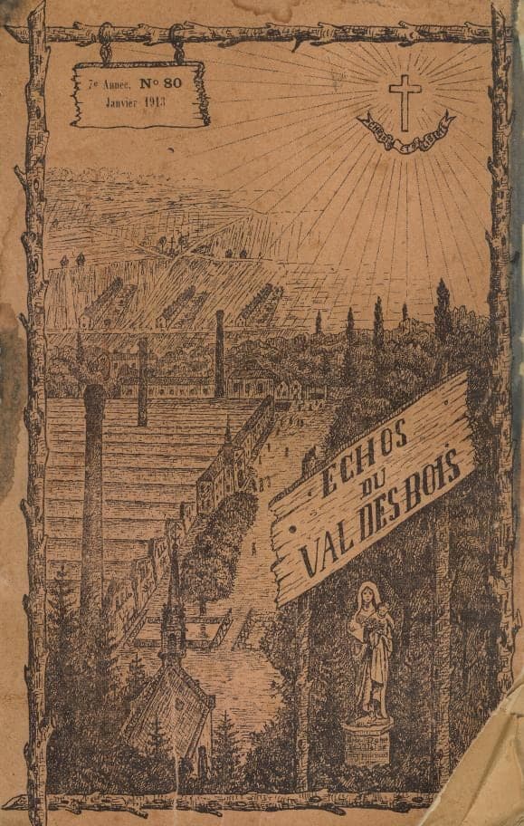 Pink cover of the mill's newsletter: an engraved view of the workshops and their chimneys beneath a radiant cross, with the title painted on a wooden board and a statue of the Virgin.