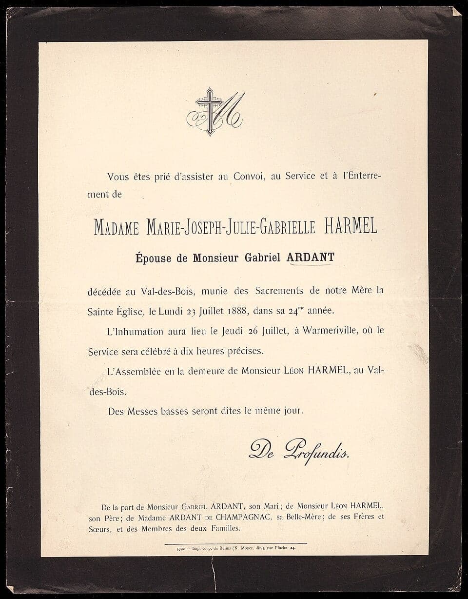 Black-bordered announcement of the death of Marie-Joseph-Julie-Gabrielle Harmel, wife of Gabriel Ardant, at Val-des-Bois on 23 July 1888, in her 24th year.