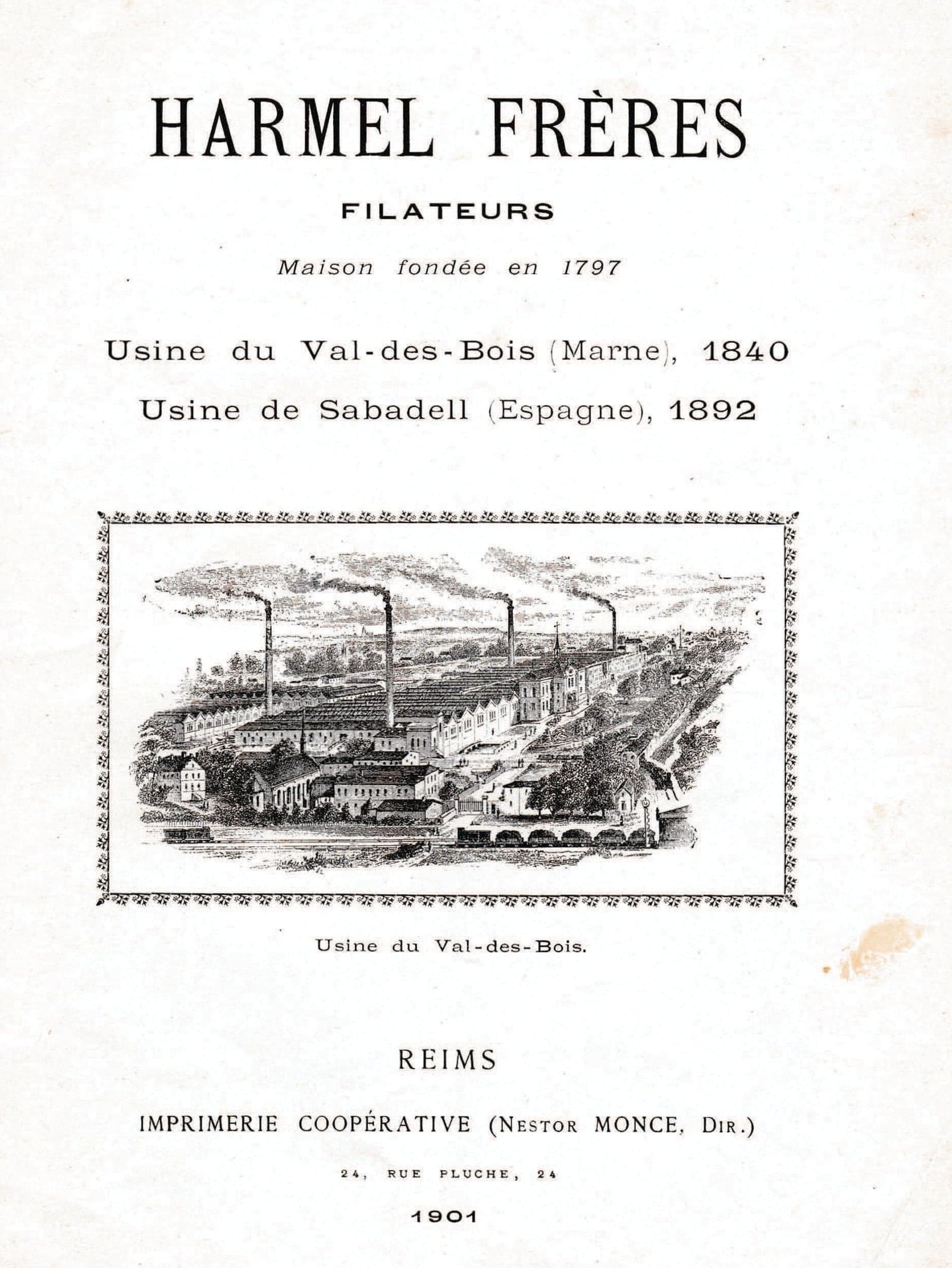 Printed cover: “Usine du Val-des-Bois (Marne), 1840; Usine de Sabadell (Espagne), 1892”, above a framed engraving of the Val-des-Bois mill and its chimneys.