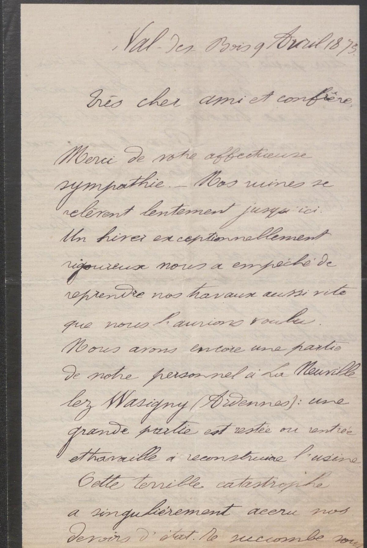 Handschriftlicher Brief auf schwarz umrandetem Papier, datiert „Val-des-Bois, 9 avril 1875“ und beginnend mit „Très cher ami et confrère“ (Sehr lieber Freund und Mitbruder).