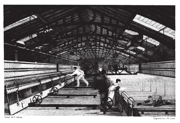 1835 engraving: workers and children working around a spinning mule.