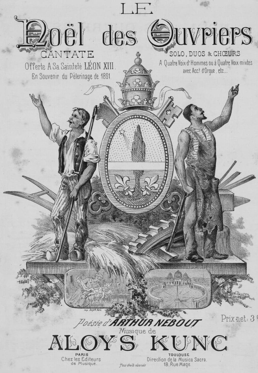 Copertina litografata: un contadino con la falce e un fabbro alzano le braccia verso lo stemma di Leone XIII, sotto la tiara e le chiavi; in basso, la Natività e piazza San Pietro.