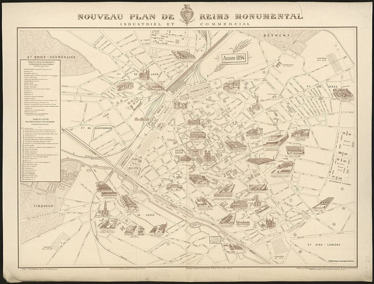 Engraved map of the city of Reims in 1894, bordered with vignettes showing factories and monuments.