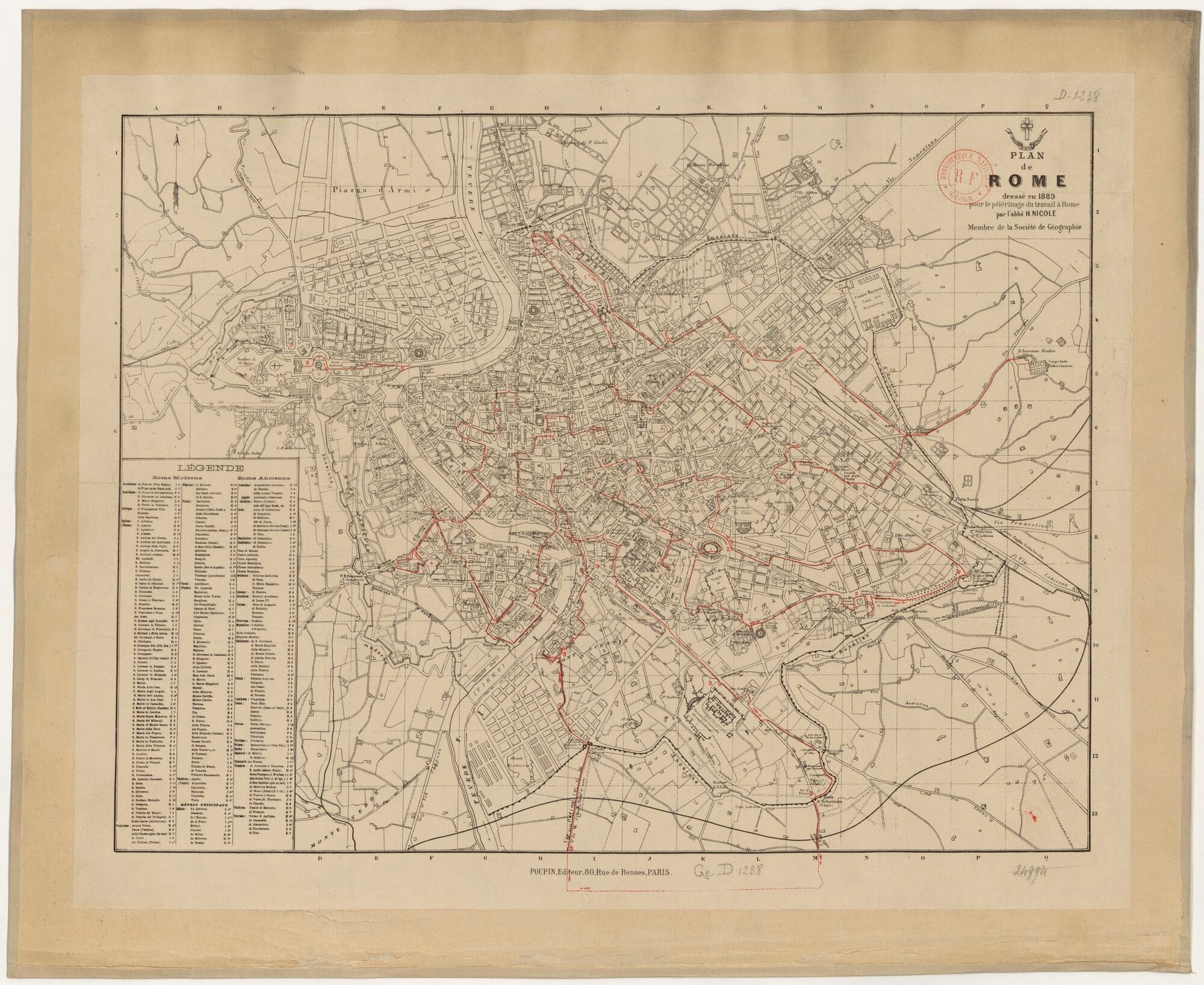 Pianta stampata di Roma: gli itinerari dei pellegrini sono tracciati in rosso e numerati; a sinistra, una lunga legenda; in alto a destra, il titolo e l'emblema dell'Opera dei Circoli.