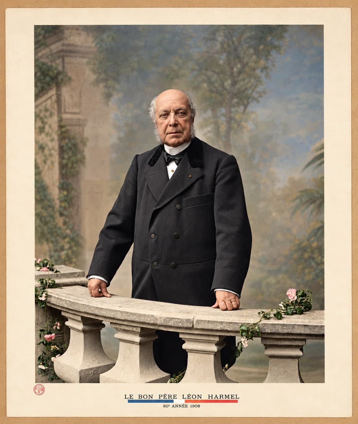 Porträt des betagten Léon Harmel mit weißem Backenbart, im Gehrock, stehend und an eine Balustrade gelehnt.