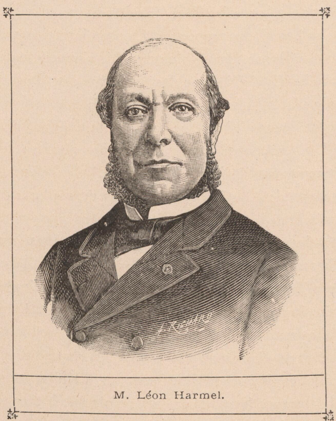 Porträtstich von Léon Harmel, Brustbild von vorn: breiter Backenbart, Stehkragen, große Halsschleife und Gehrock, ein kleines Ordenszeichen im Knopfloch.