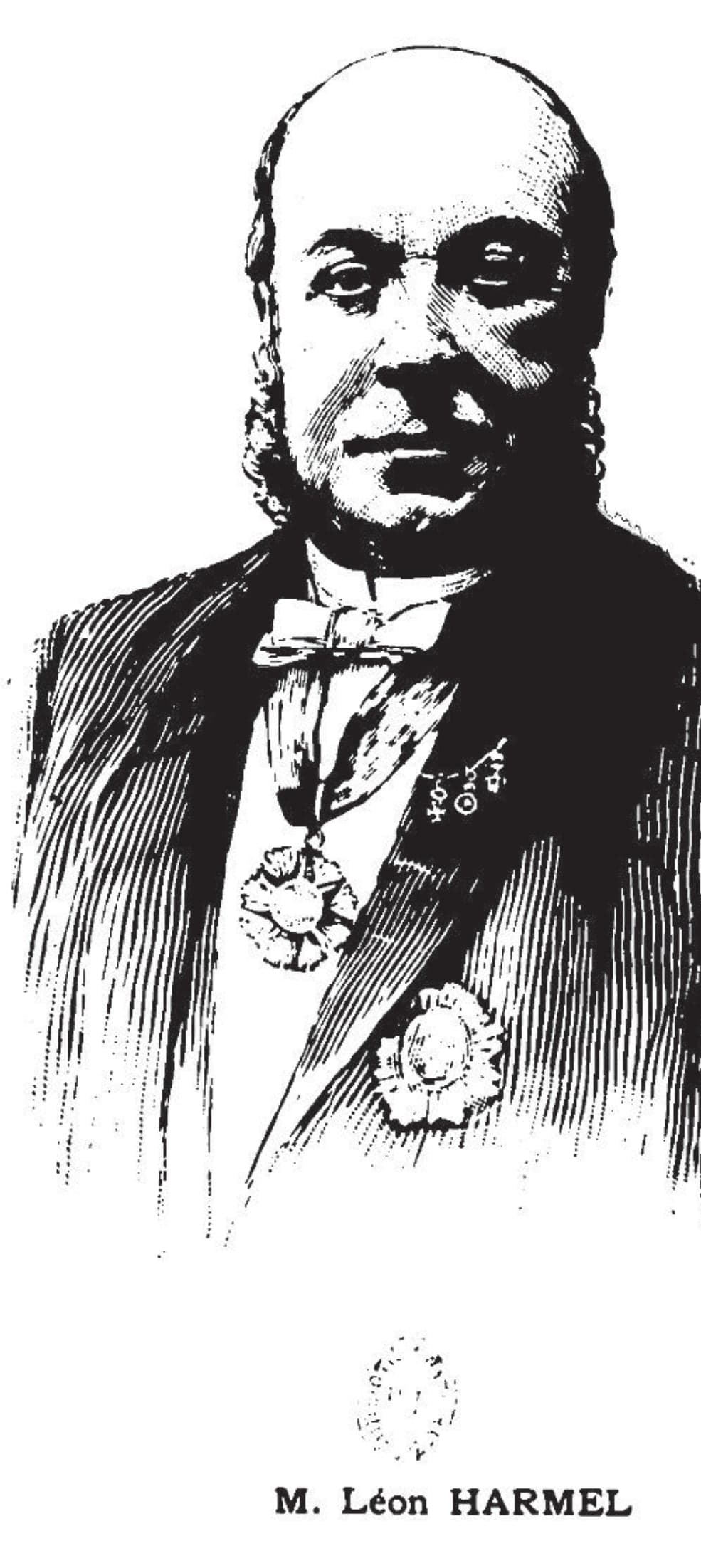 Engraved head-and-shoulders portrait of Léon Harmel in three-quarter view, with side-whiskers and a frock coat, his decorations pinned to his chest.
