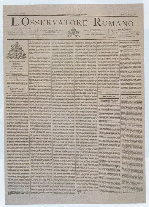 Titelseite der Zeitung L'Osservatore Romano vom 15. Mai 1891 mit dem lateinischen Text der Enzyklika.