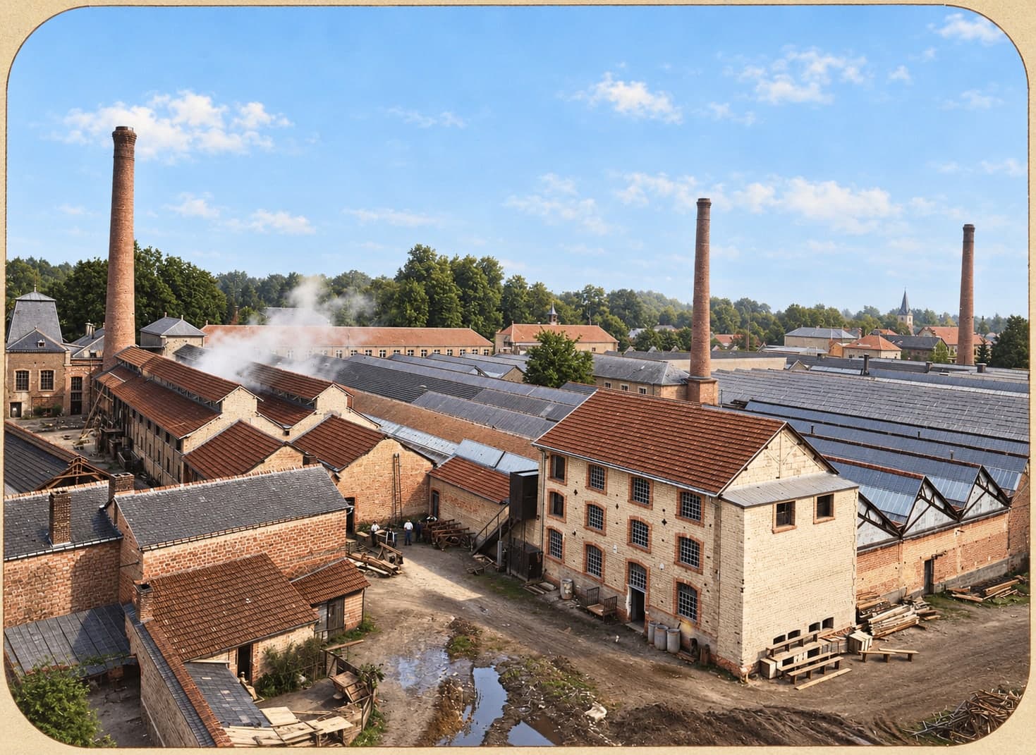 View looking down over the workshop roofs, with a multi-storey building in the right foreground and two tall chimneys.