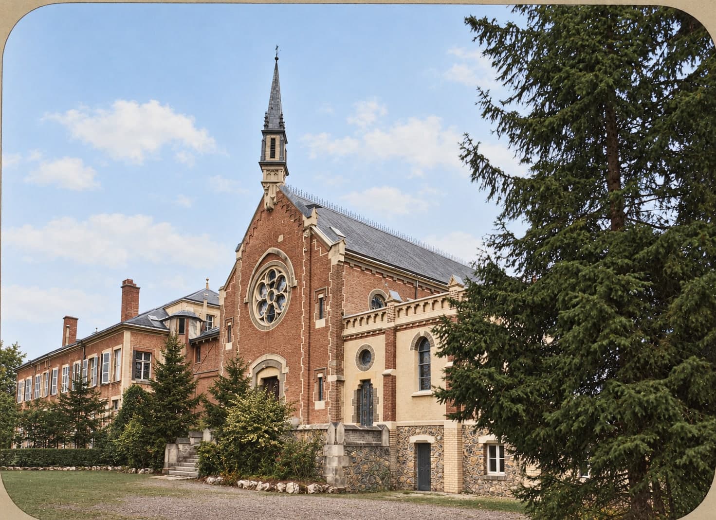 The brick façade of the chapel, with its rose window and spire, beside mill buildings and a tall fir tree.