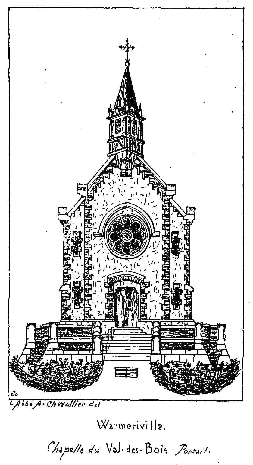 Drawing of the chapel façade: rose window, arched doorway, small spired bell turret topped by a cross, entrance steps and flower beds.
