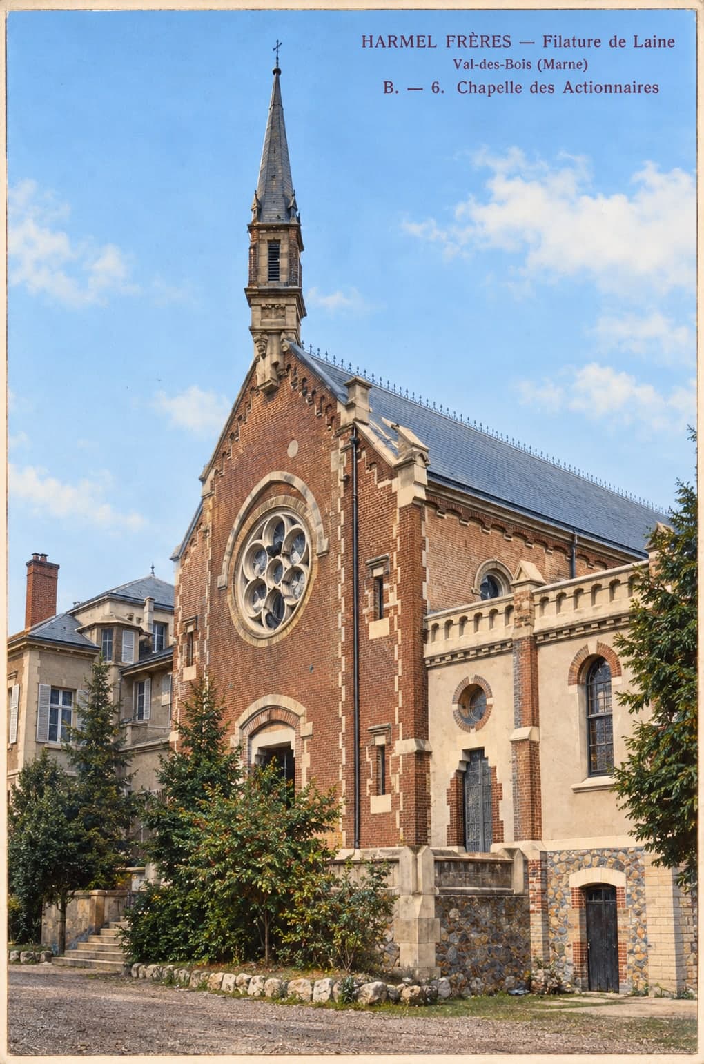 Postcard: the façade of the Val-des-Bois mill chapel.