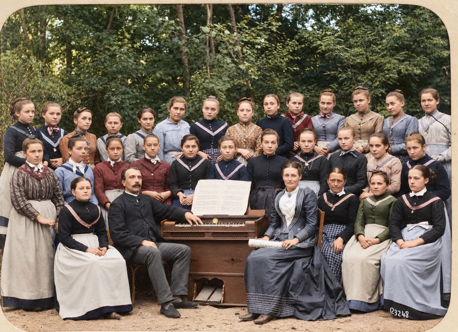 About forty girls pose outdoors around a harmonium.