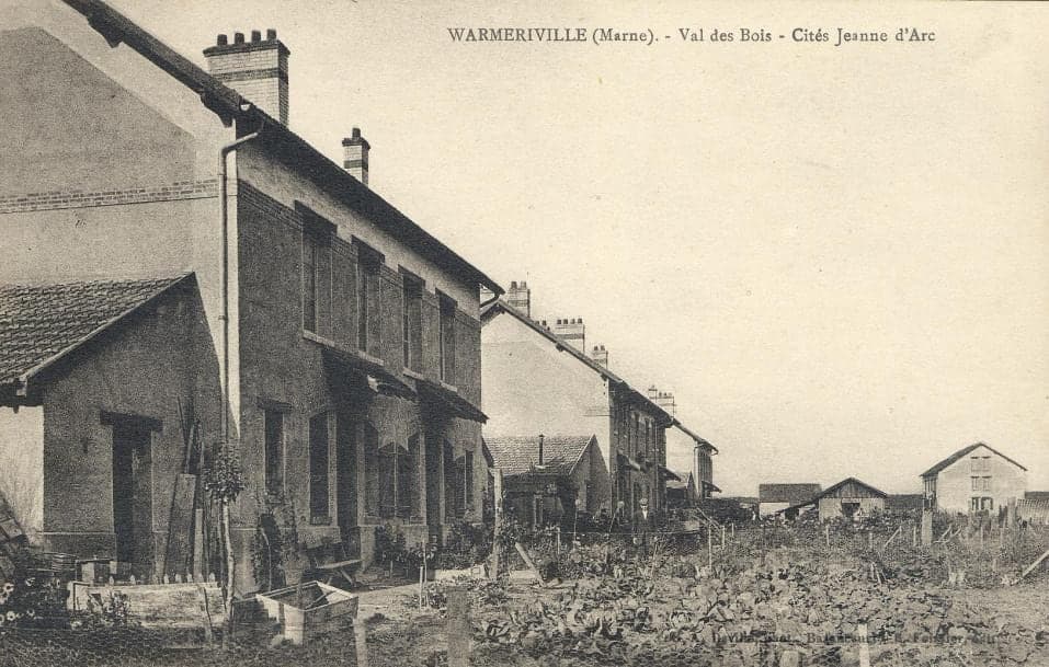 A row of two-storey workers' houses, with their lean-tos and vegetable gardens in the foreground.