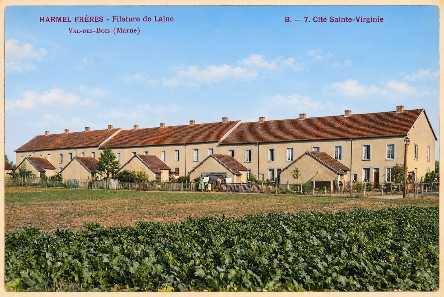 A long row of identical workers' houses, fronted by small outbuildings and gardens.