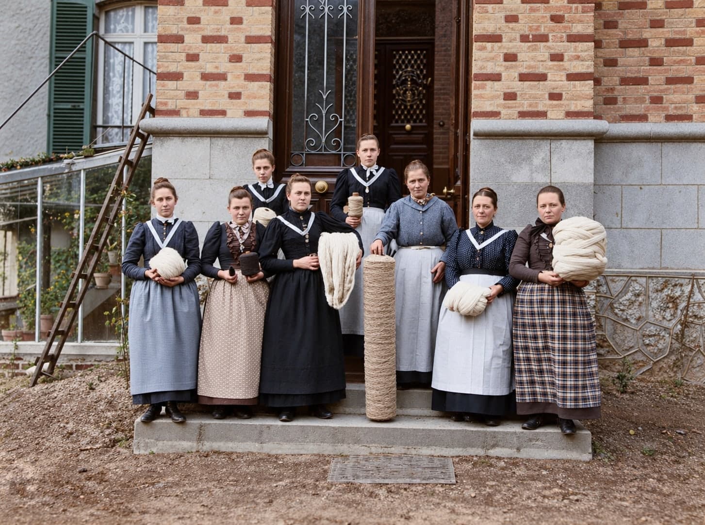 Seven women workers in aprons pose in front of a door, holding skeins of wool, slivers of fibre and bobbins.
