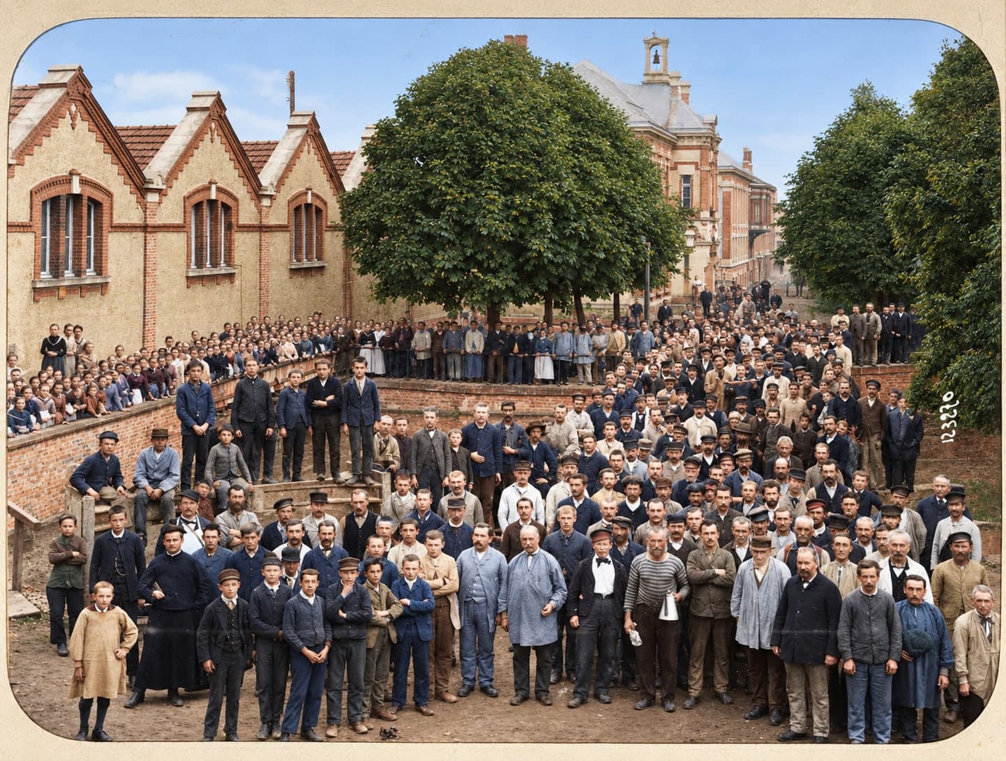 A crowd of men and women workers and children gathered in front of the gabled workshops; in the background, a building topped by a small bell turret.