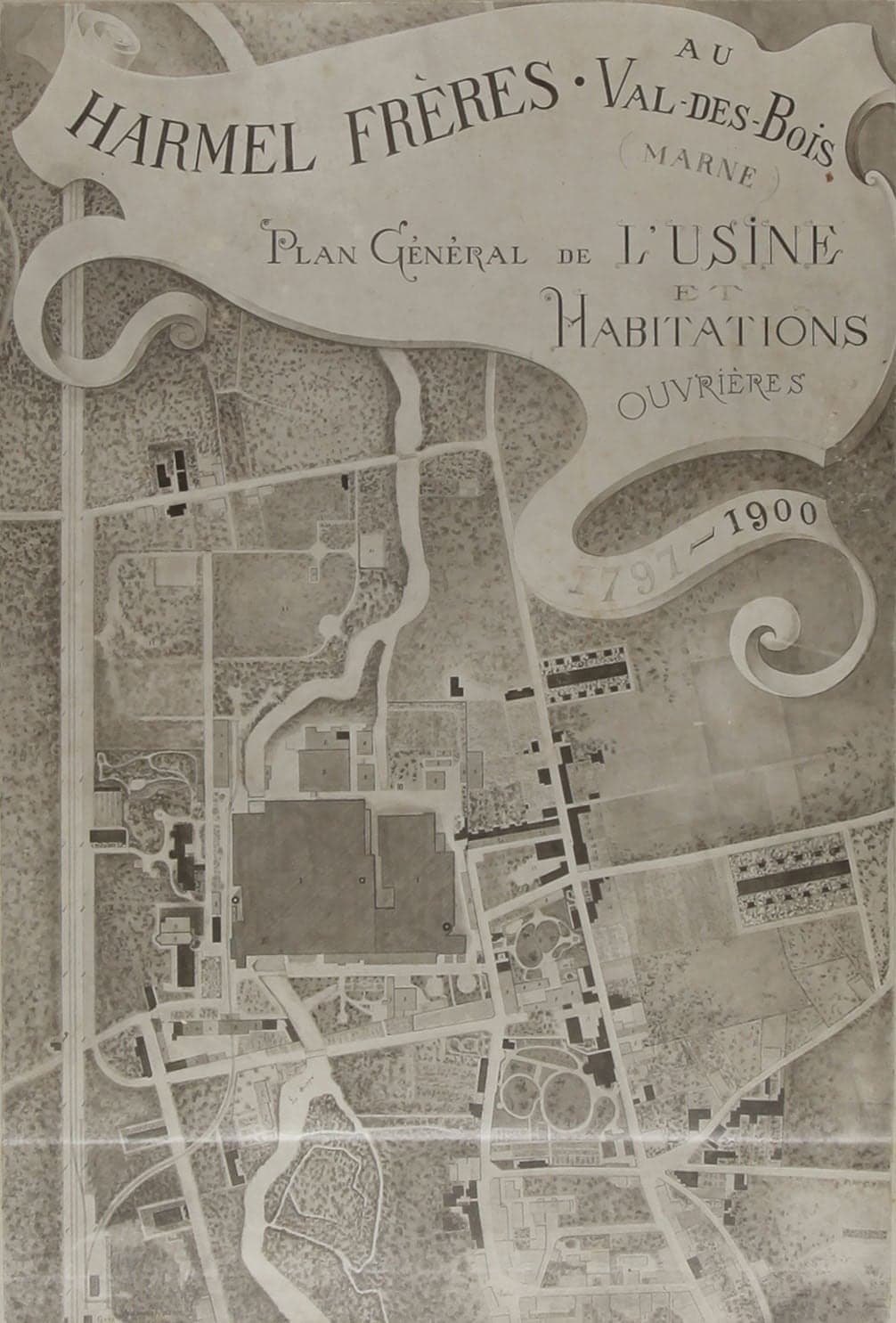 Perspective plan of Val-des-Bois beneath a large scrolled cartouche: the winding Suippe, the great block of workshops in the centre, the workers' housing estates and their gardens on the right, the railway line on the left.