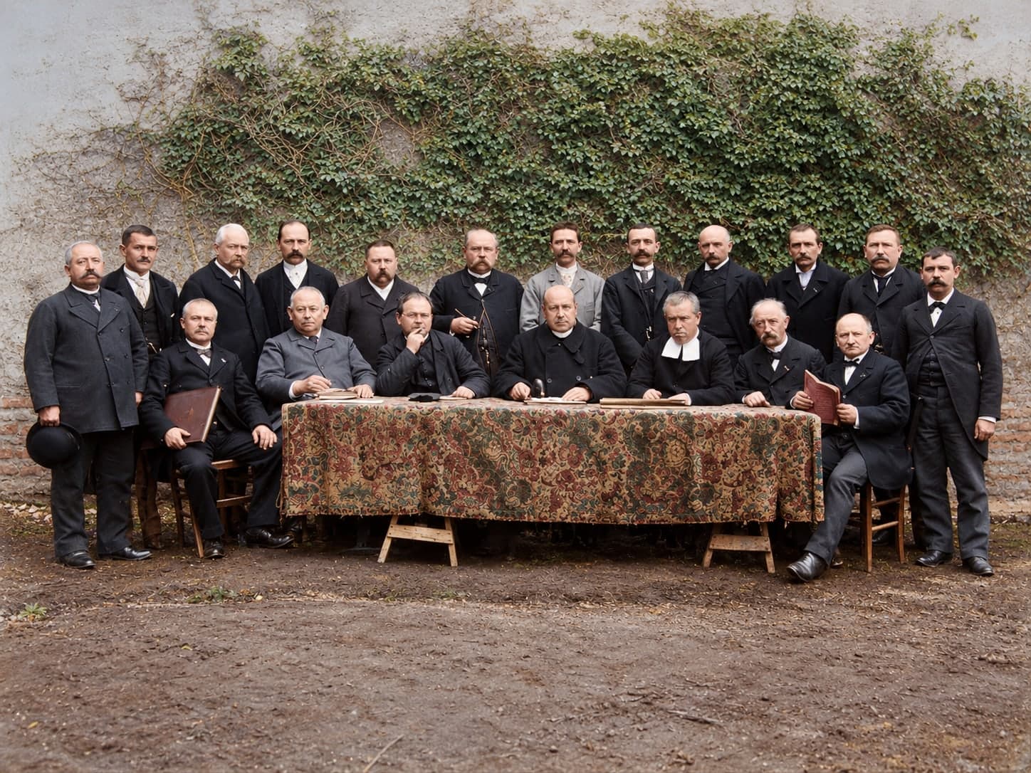 About twenty men, with a priest in the centre, pose around a table covered with a heavy cloth.