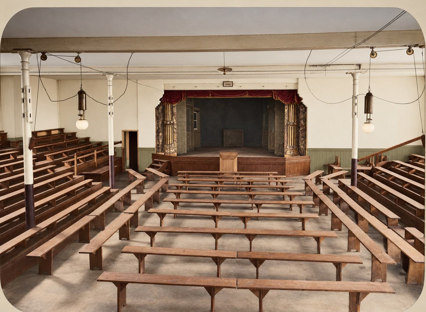 A large hall with rows of wooden benches facing a stage, lit by hanging lamps.